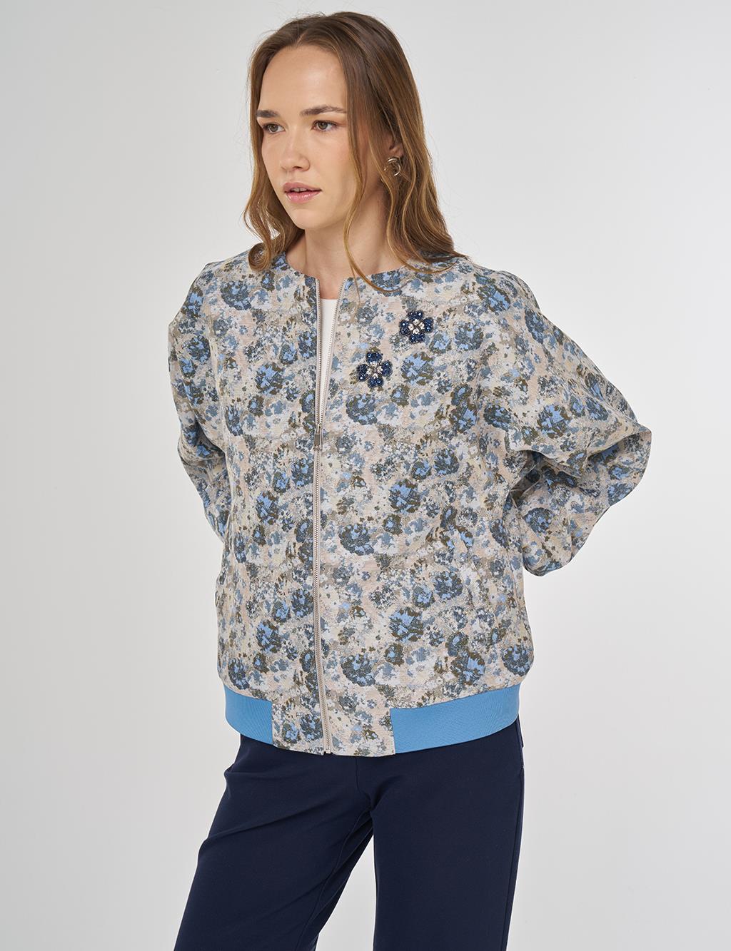 Çiçek Desen Jakarlı Ceket Haki