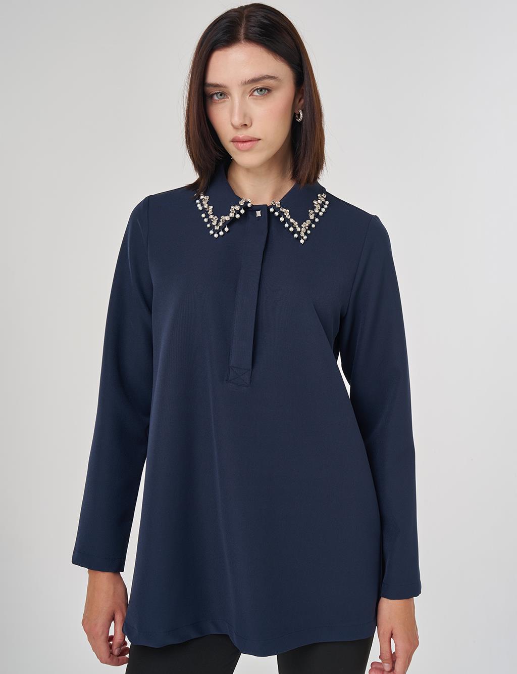 Yakası İşlemeli Bluz Koyu Lacivert 