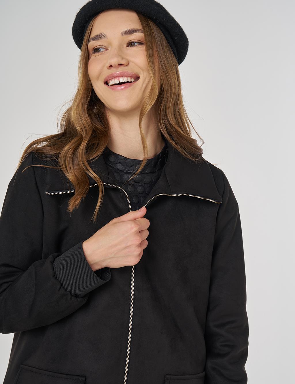 Fermuarlı Süet Ceket Siyah 