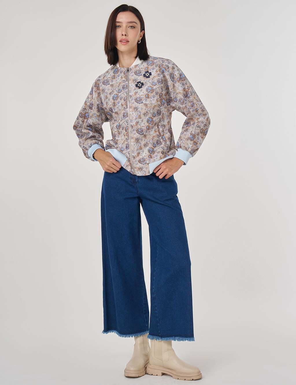 Çiçek Desen Jakarlı Ceket Havacı Mavi