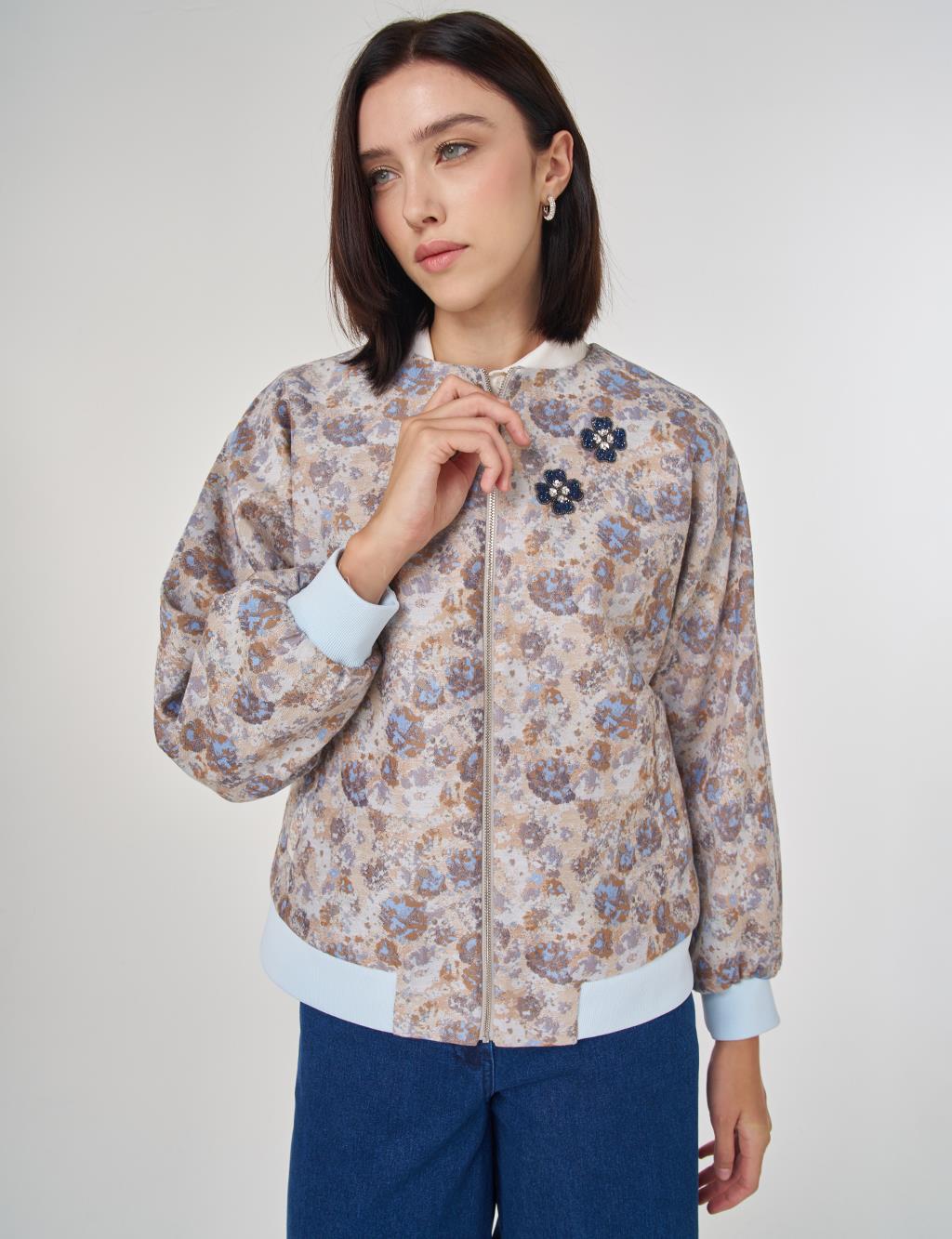 Çiçek Desen Jakarlı Ceket Havacı Mavi