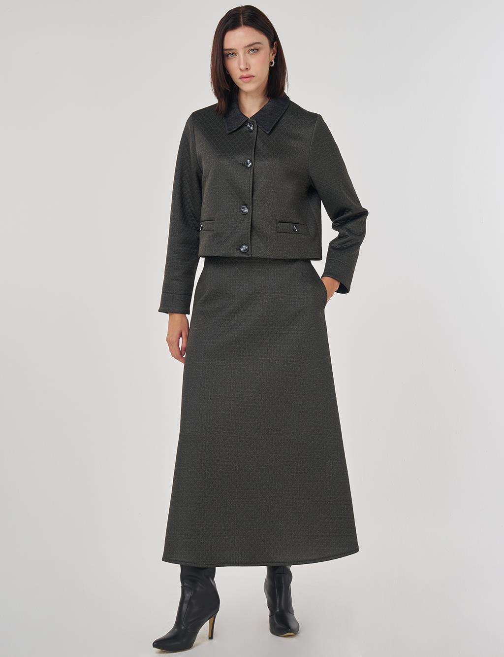 Embossed Pattern Skirted Set Khaki