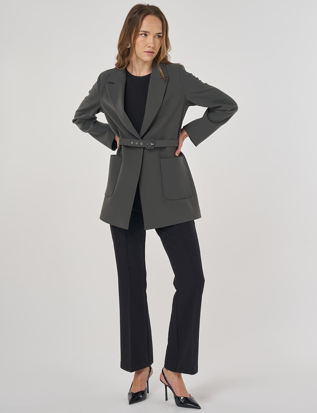 Buckle-Detail Blazer Jacket Khaki