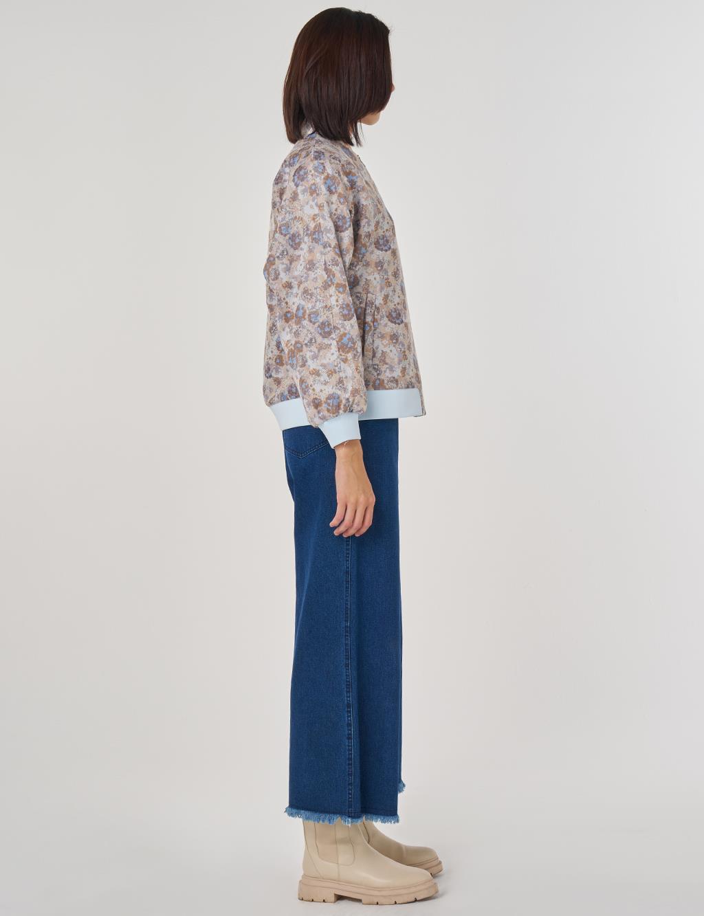 Çiçek Desen Jakarlı Ceket Havacı Mavi