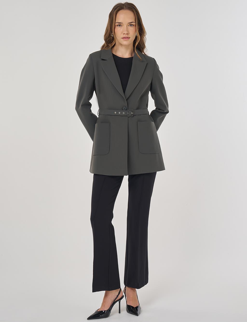 Buckle-Detail Blazer Jacket Khaki