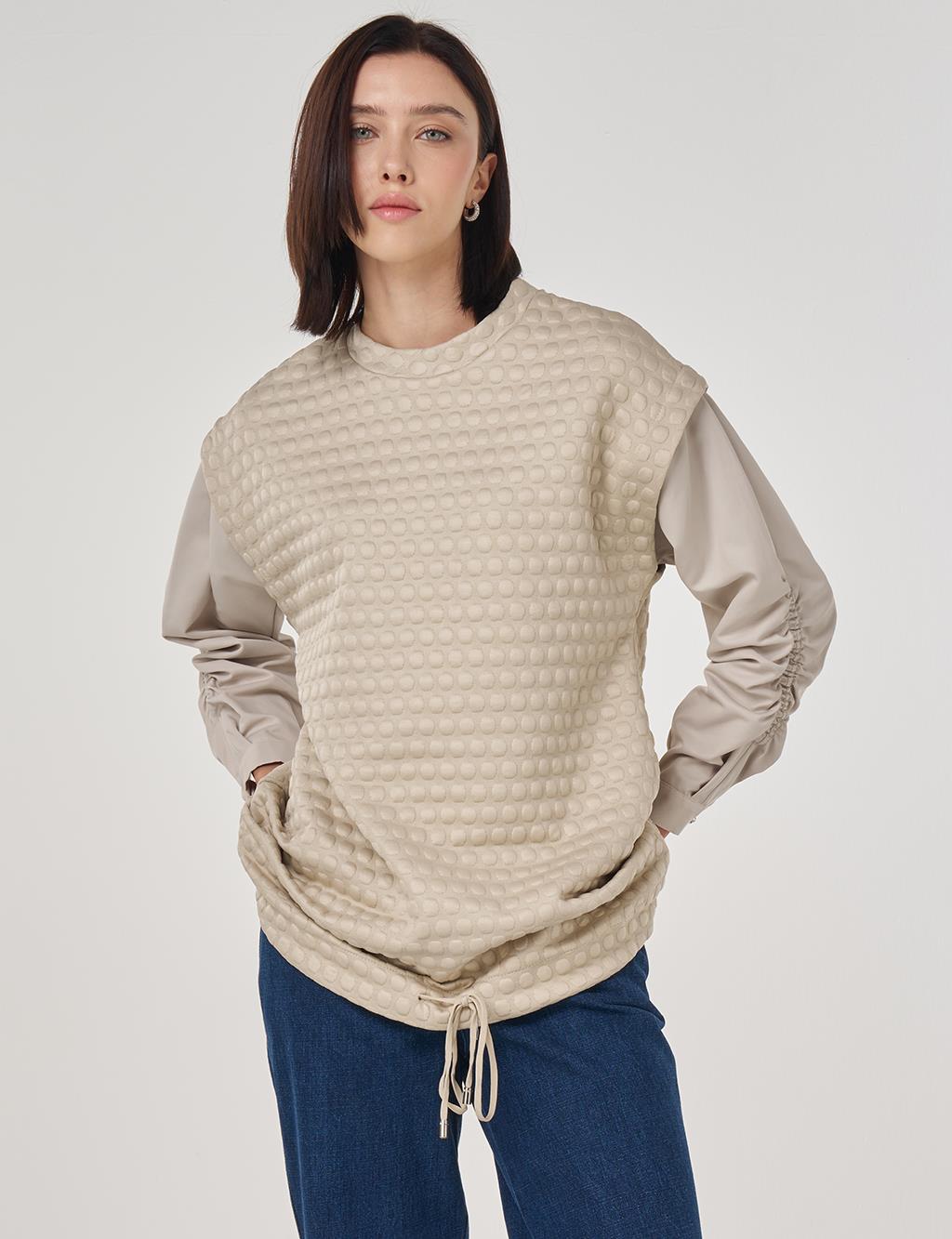 Dokulu Kumaş Garnili Sweatshirt Taş 