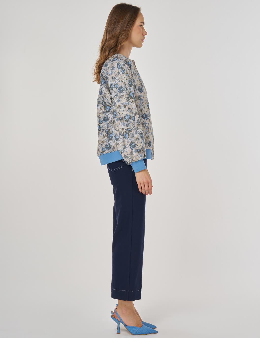 Çiçek Desen Jakarlı Ceket Haki