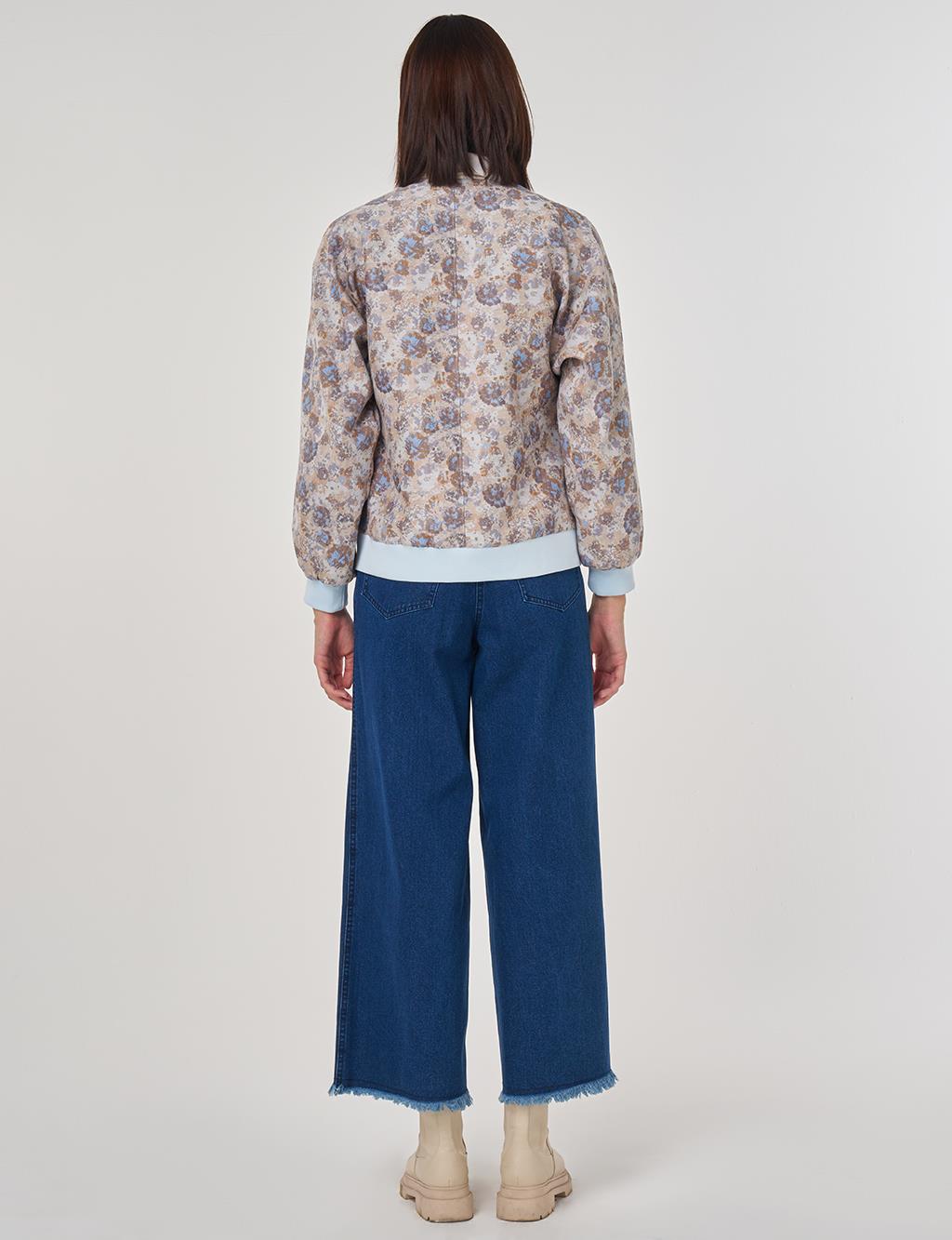 Çiçek Desen Jakarlı Ceket Havacı Mavi