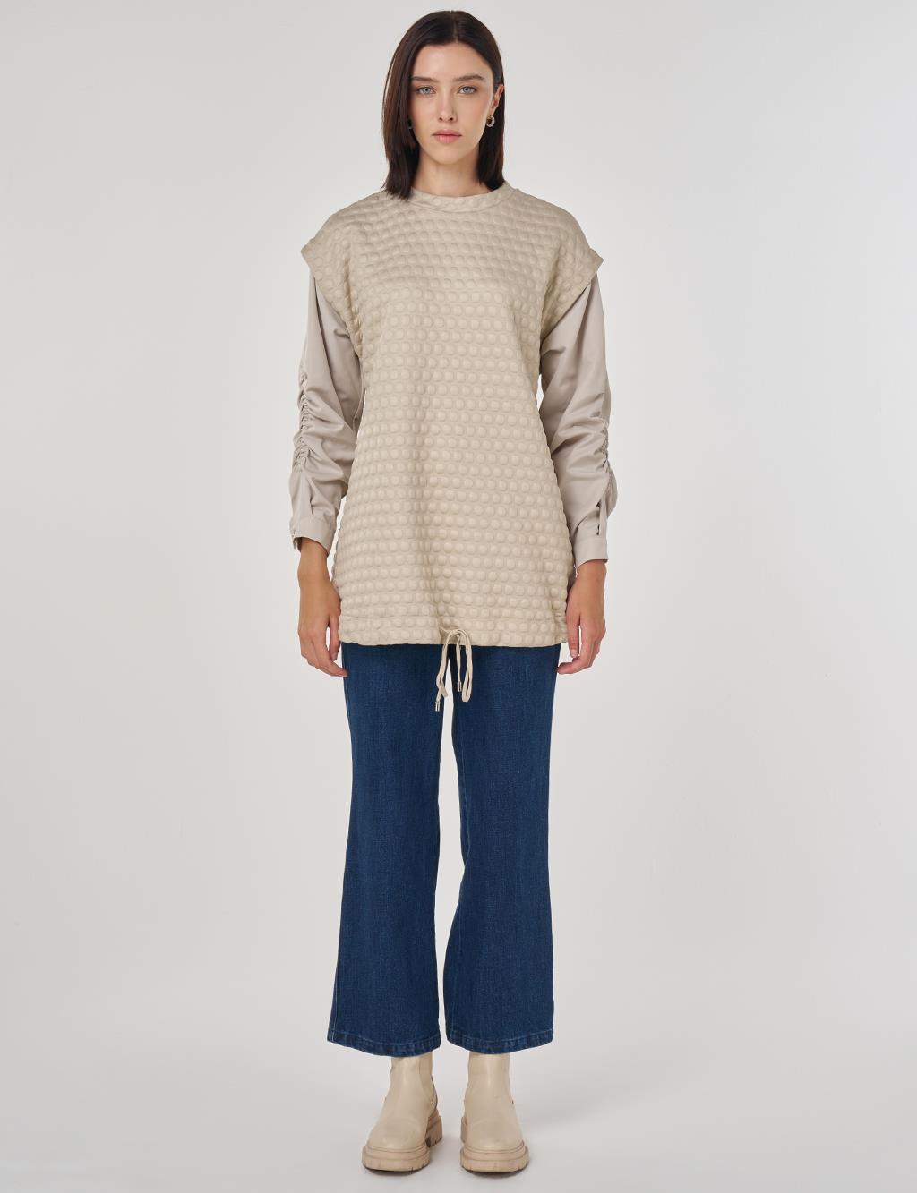 Dokulu Kumaş Garnili Sweatshirt Taş 