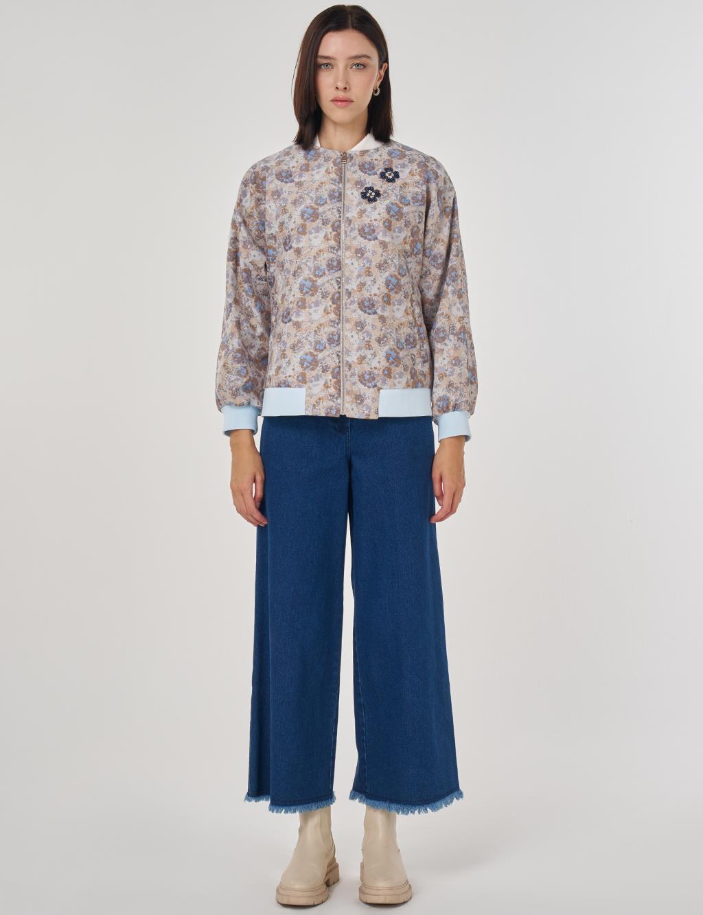 Çiçek Desen Jakarlı Ceket Havacı Mavi