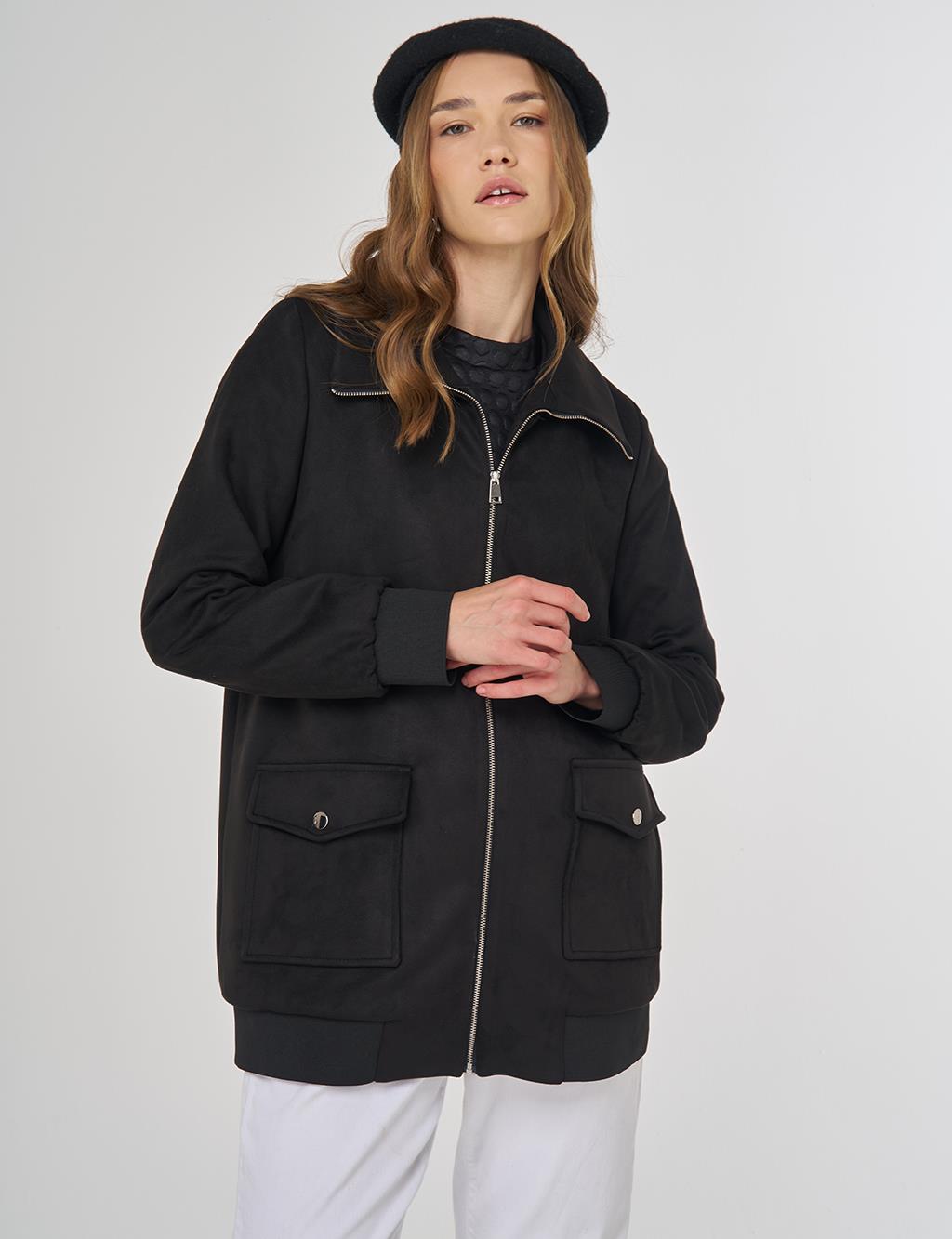 Fermuarlı Süet Ceket Siyah 