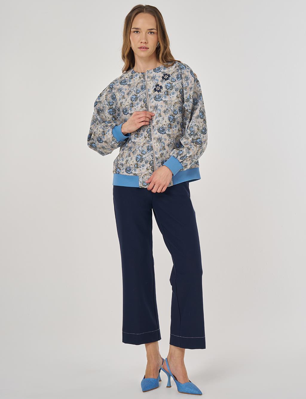 Çiçek Desen Jakarlı Ceket Haki