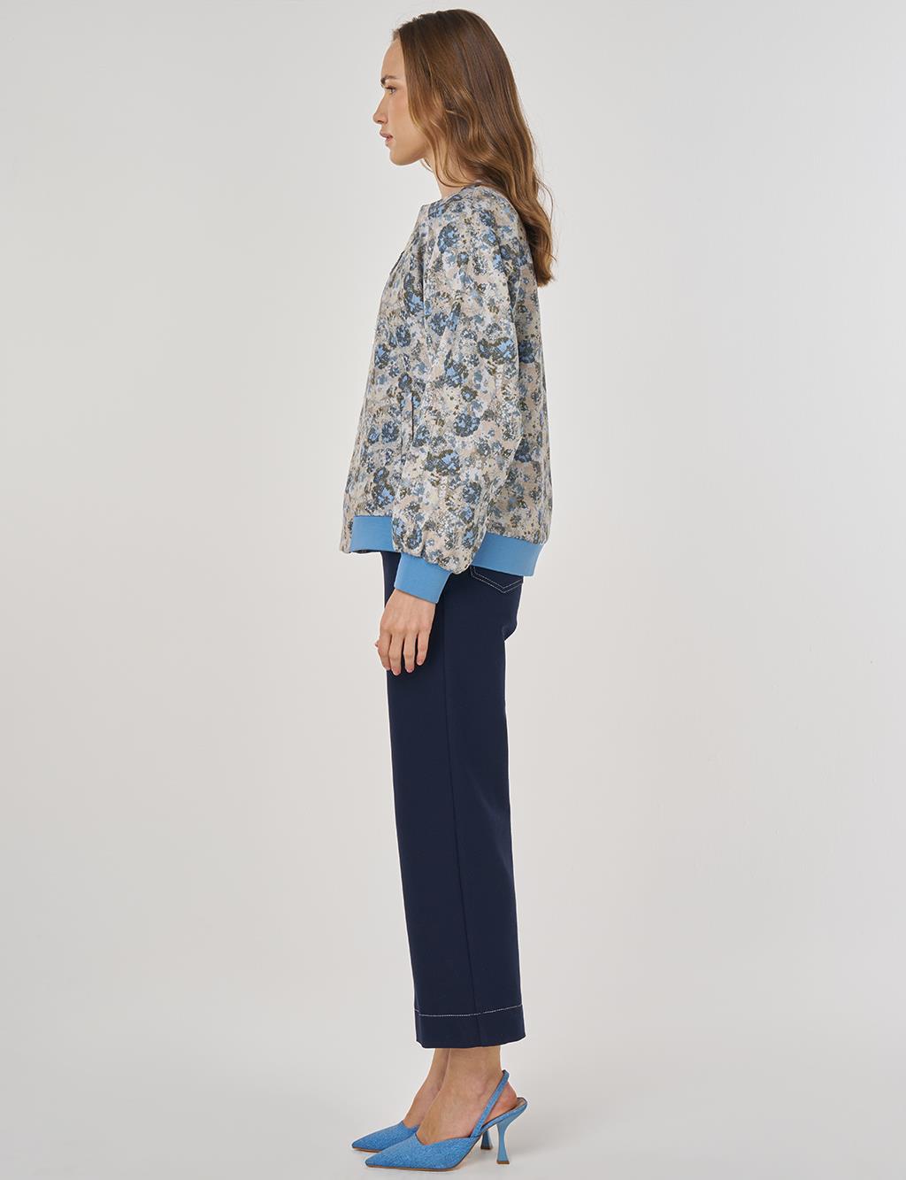 Çiçek Desen Jakarlı Ceket Haki