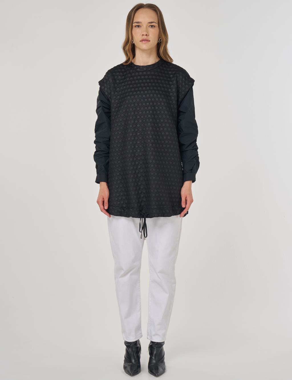 Dokulu Kumaş Garnili Sweatshirt Siyah 