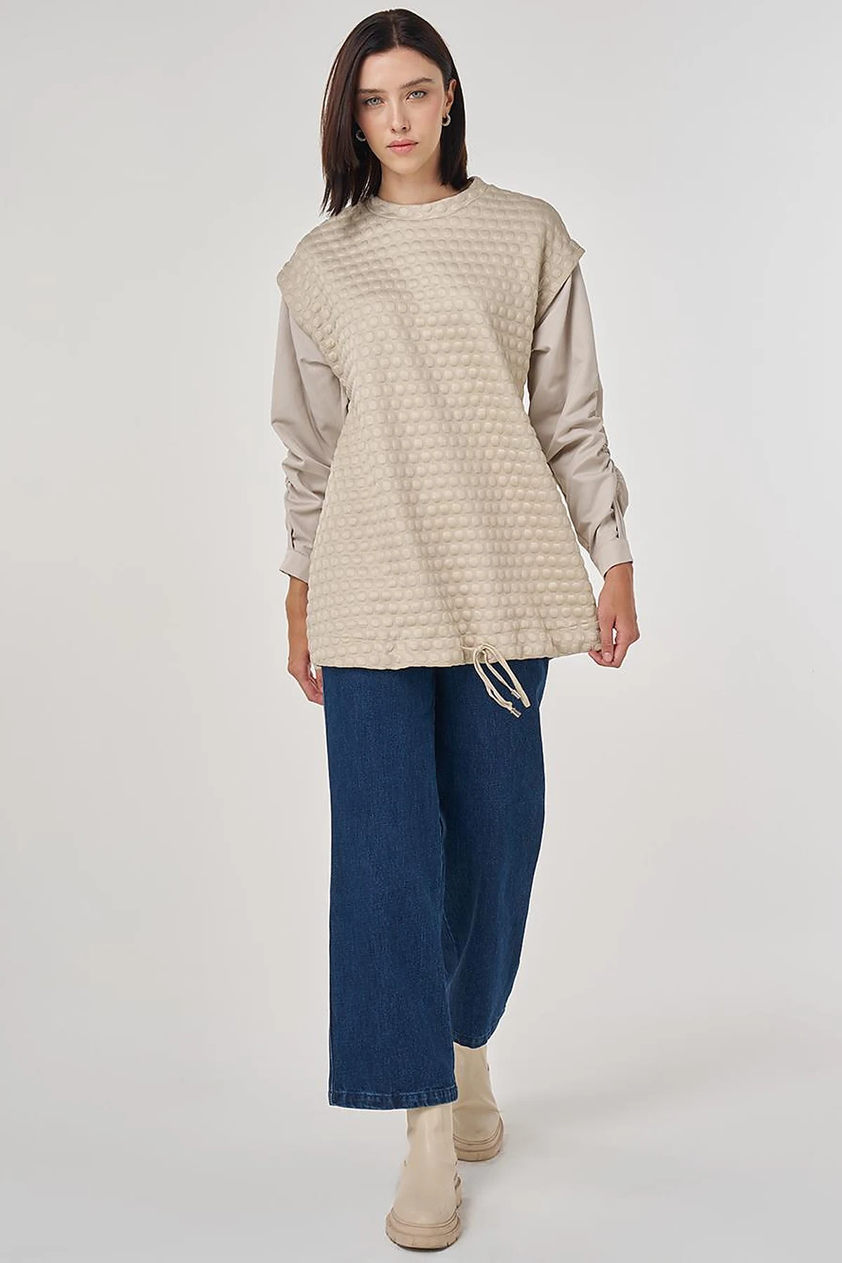Dokulu Kumaş Garnili Sweatshirt Taş 