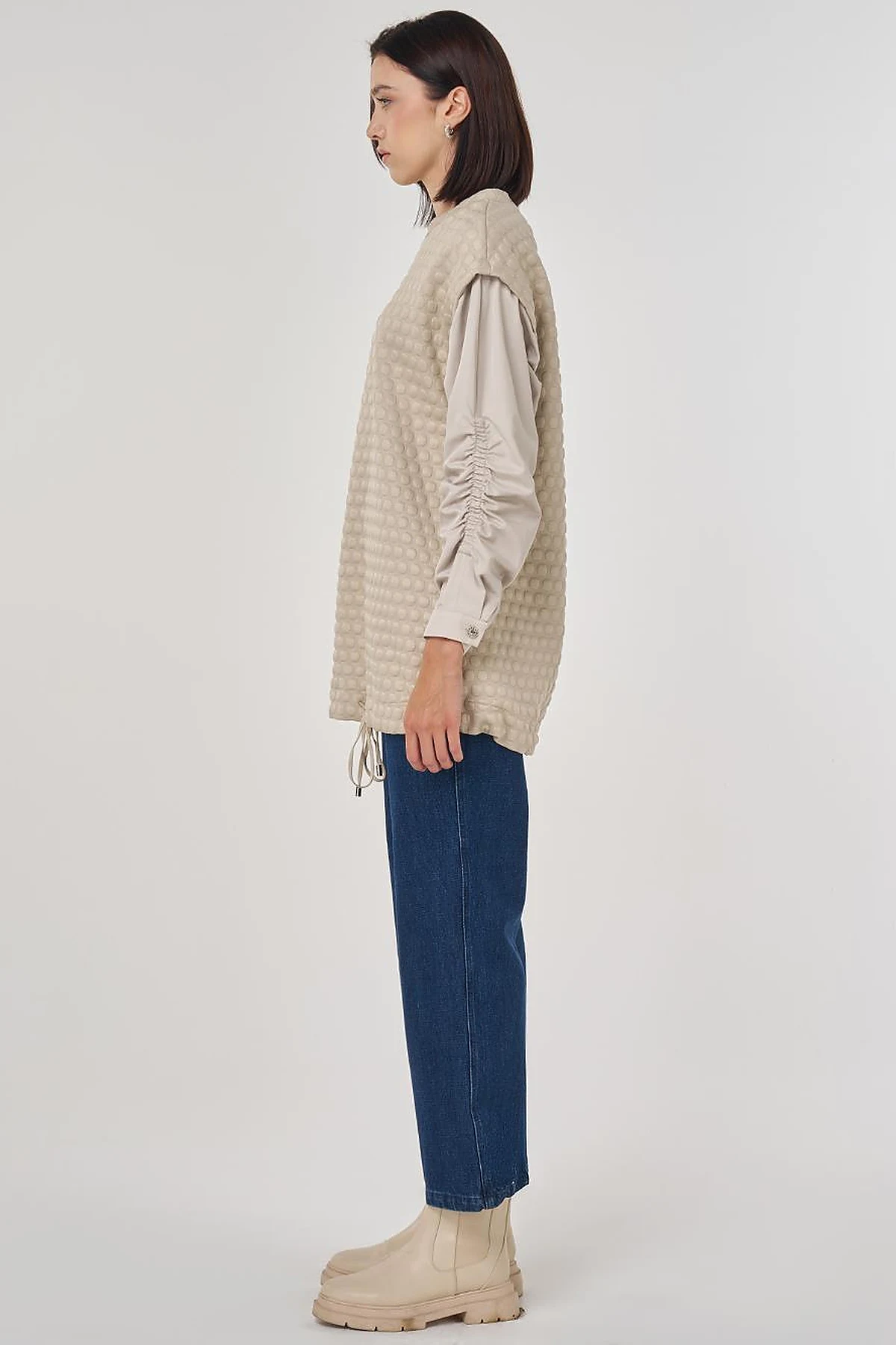 Dokulu Kumaş Garnili Sweatshirt Taş 