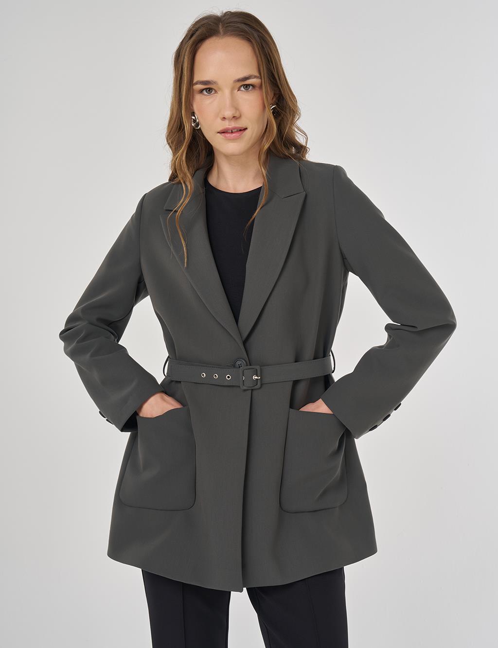 Buckle-Detail Blazer Jacket Khaki