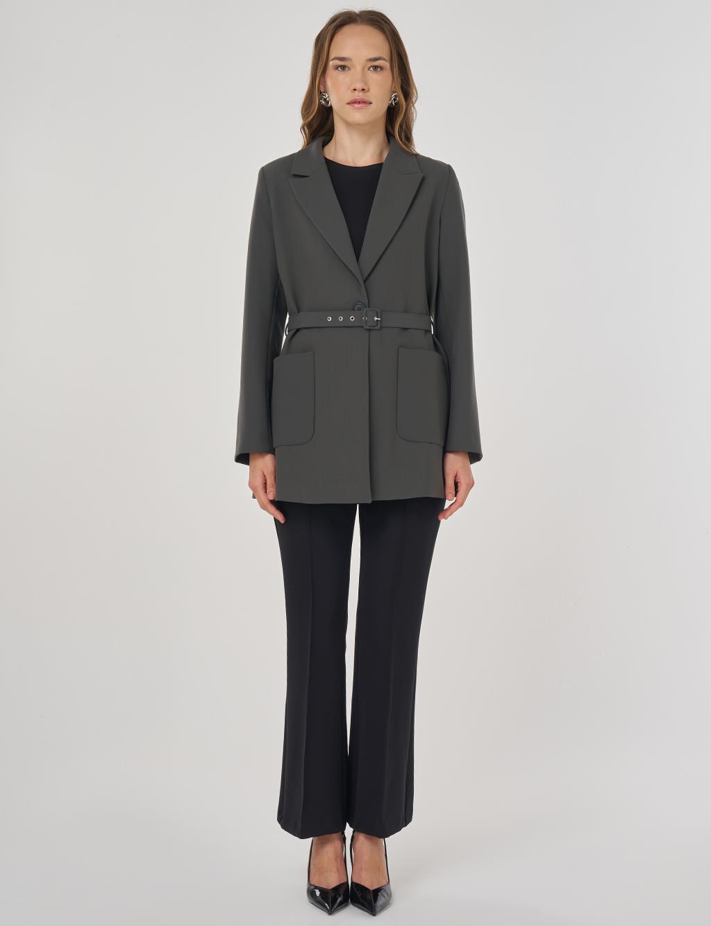 Buckle-Detail Blazer Jacket Khaki