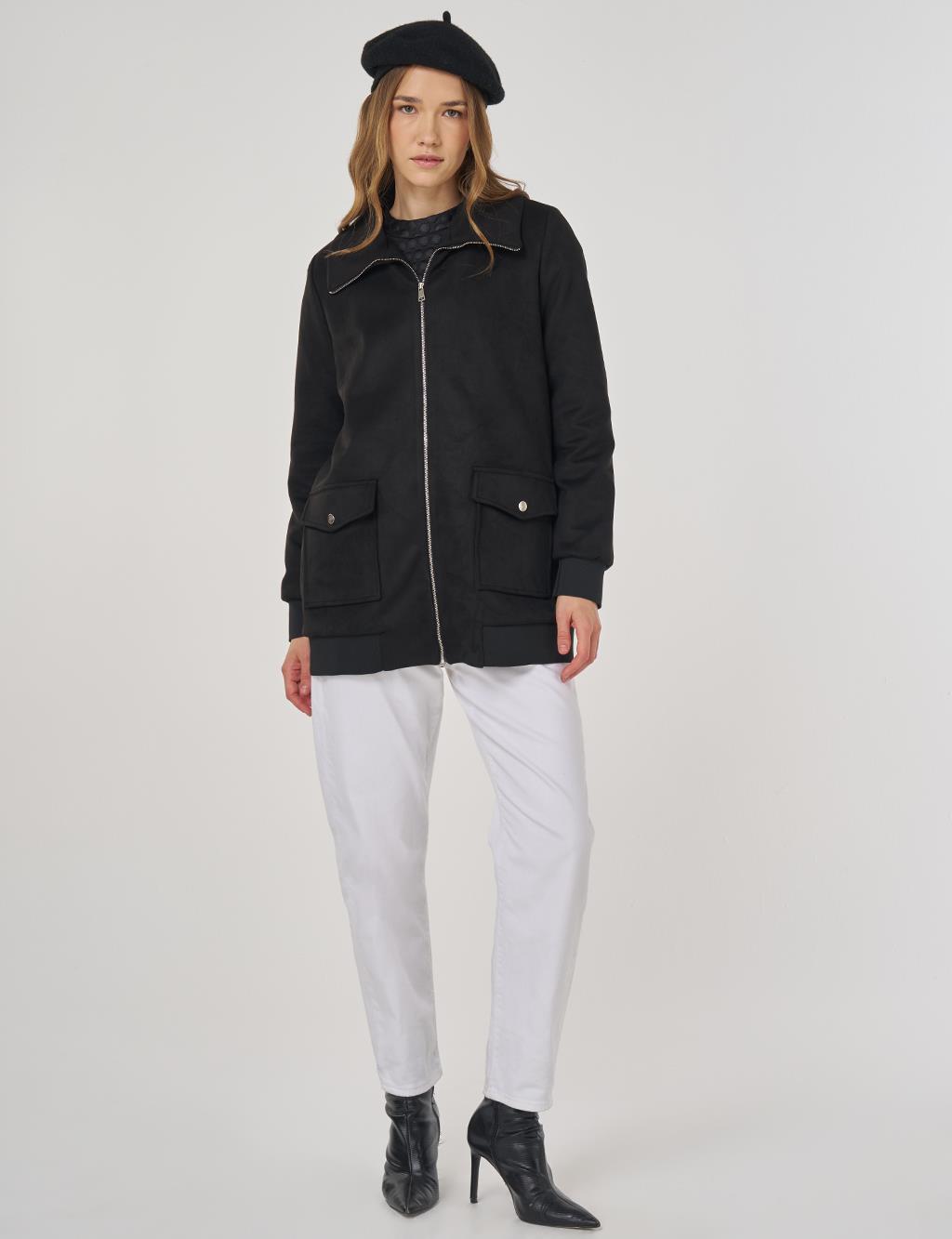 Fermuarlı Süet Ceket Siyah 