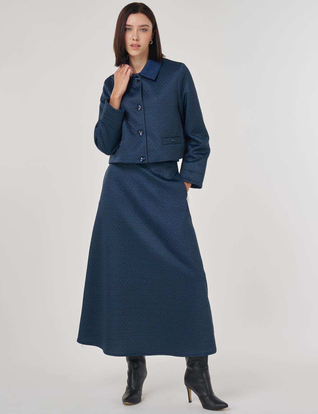 Embossed Pattern Skirted Set Dark Navy