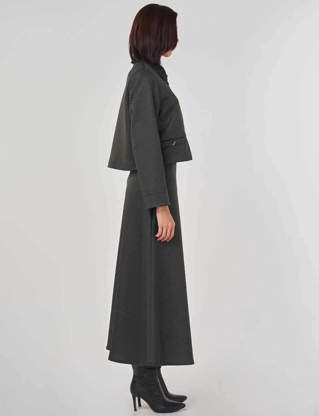 Embossed Pattern Skirted Set Khaki