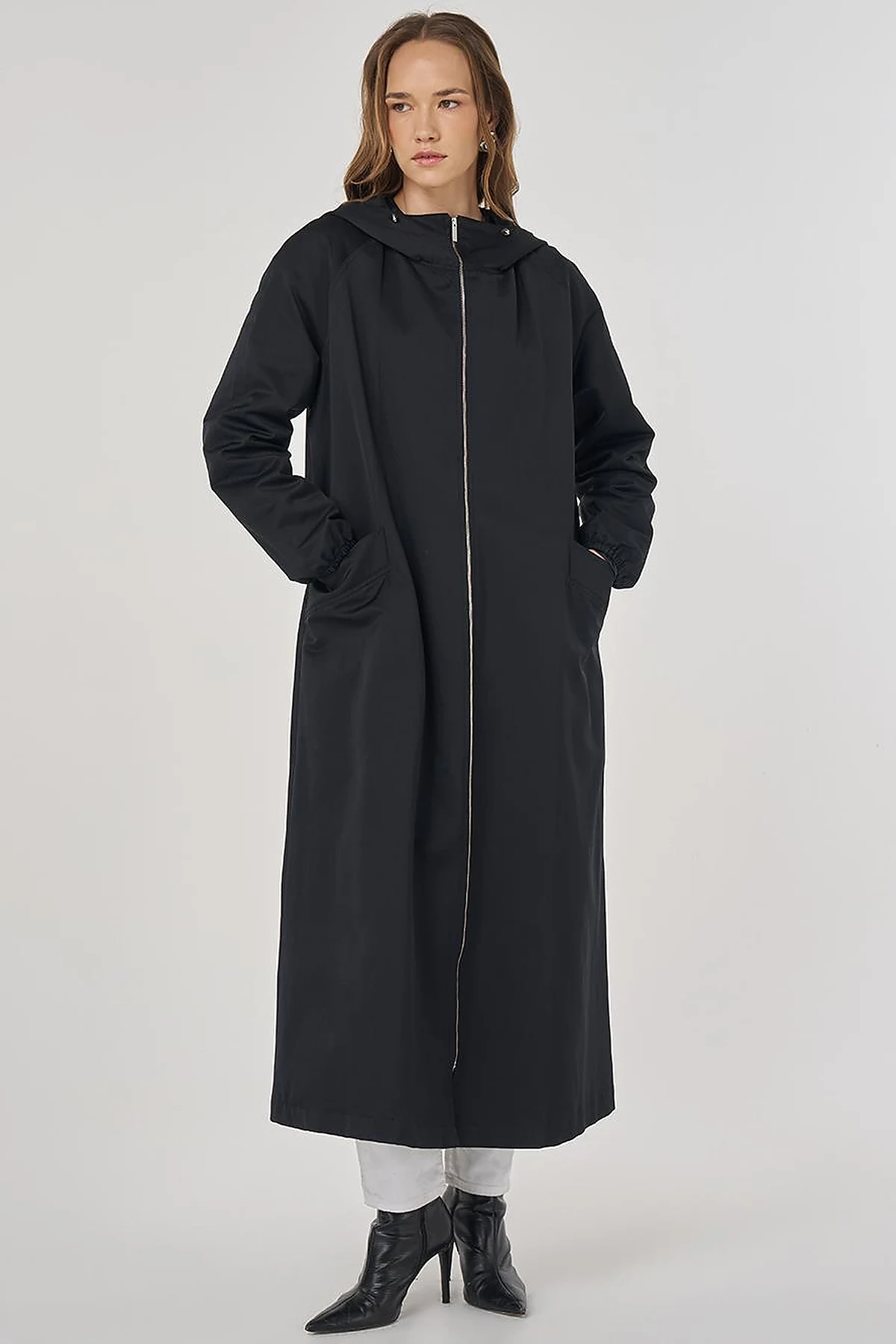 Zipper Closure Overcoat Black