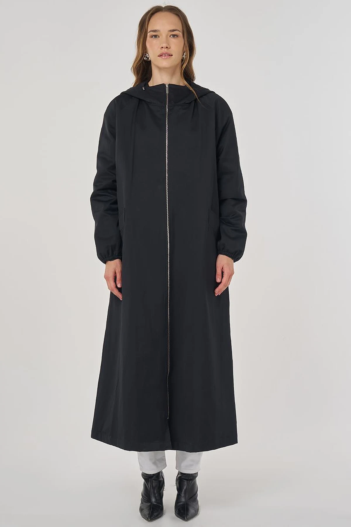 Zipper Closure Overcoat Black