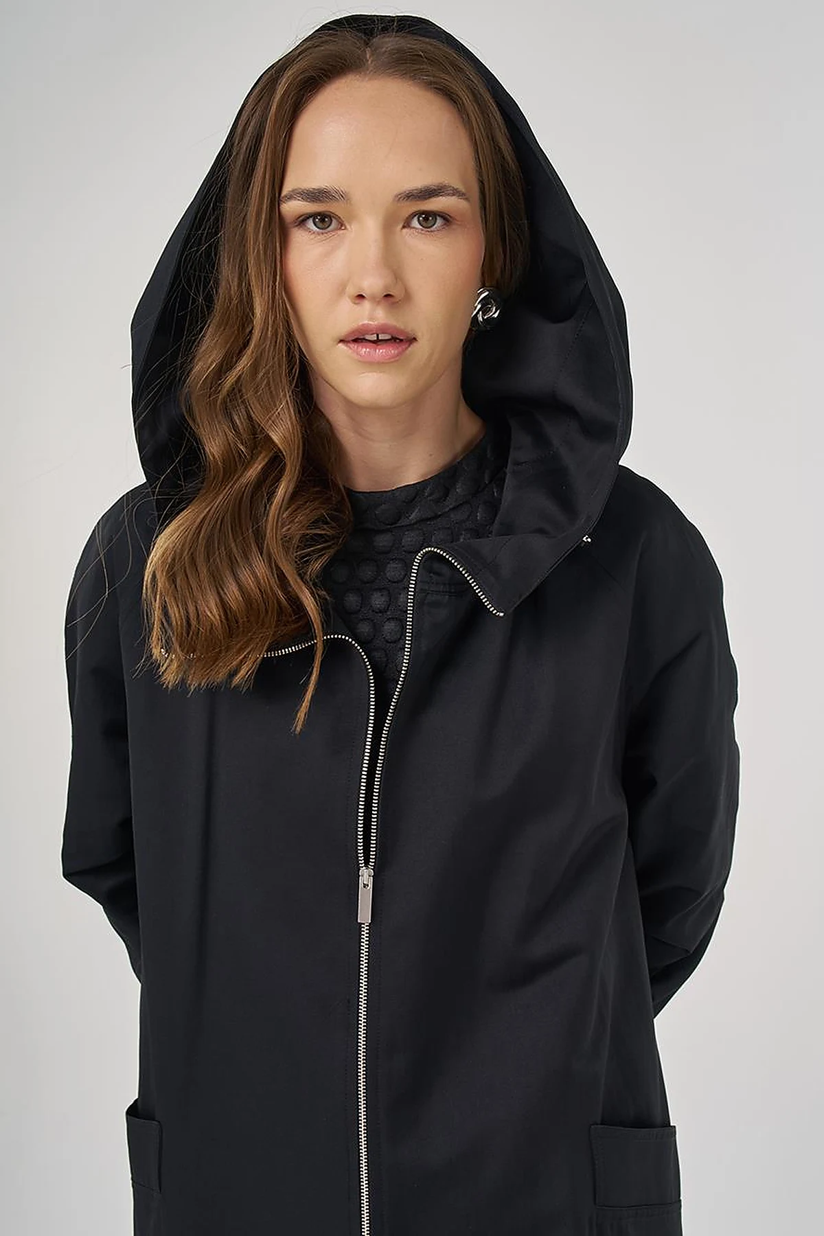 Zipper Closure Overcoat Black