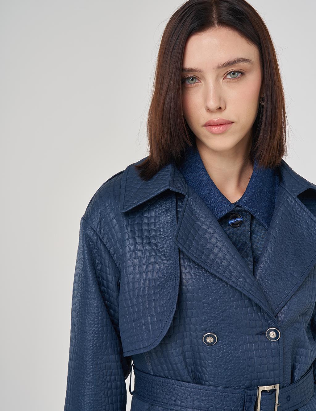 Buckle Detailed Embossed Trench Coat Navy