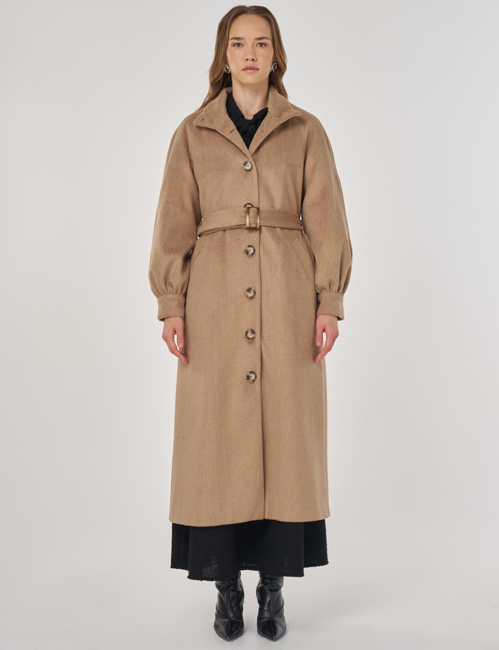 Dik Yaka Kaşe Kaban Bej 