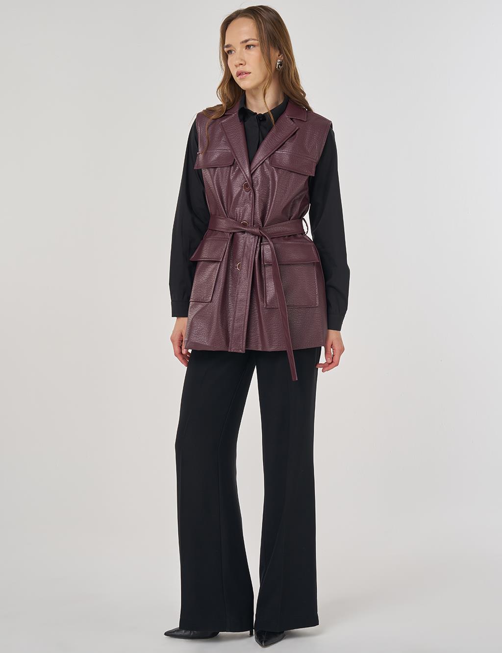 Kapak Cepli Suni Deri Yelek Koyu Bordo 