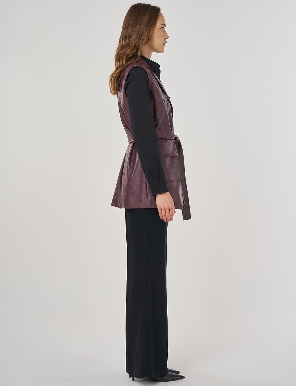 Kapak Cepli Suni Deri Yelek Koyu Bordo 