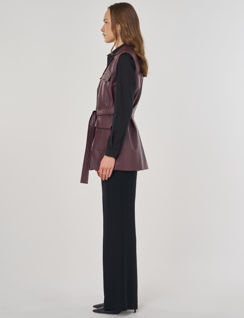 Kapak Cepli Suni Deri Yelek Koyu Bordo 