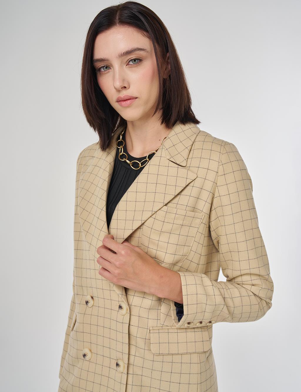 Checked Pattern Blazer Jacket Beige