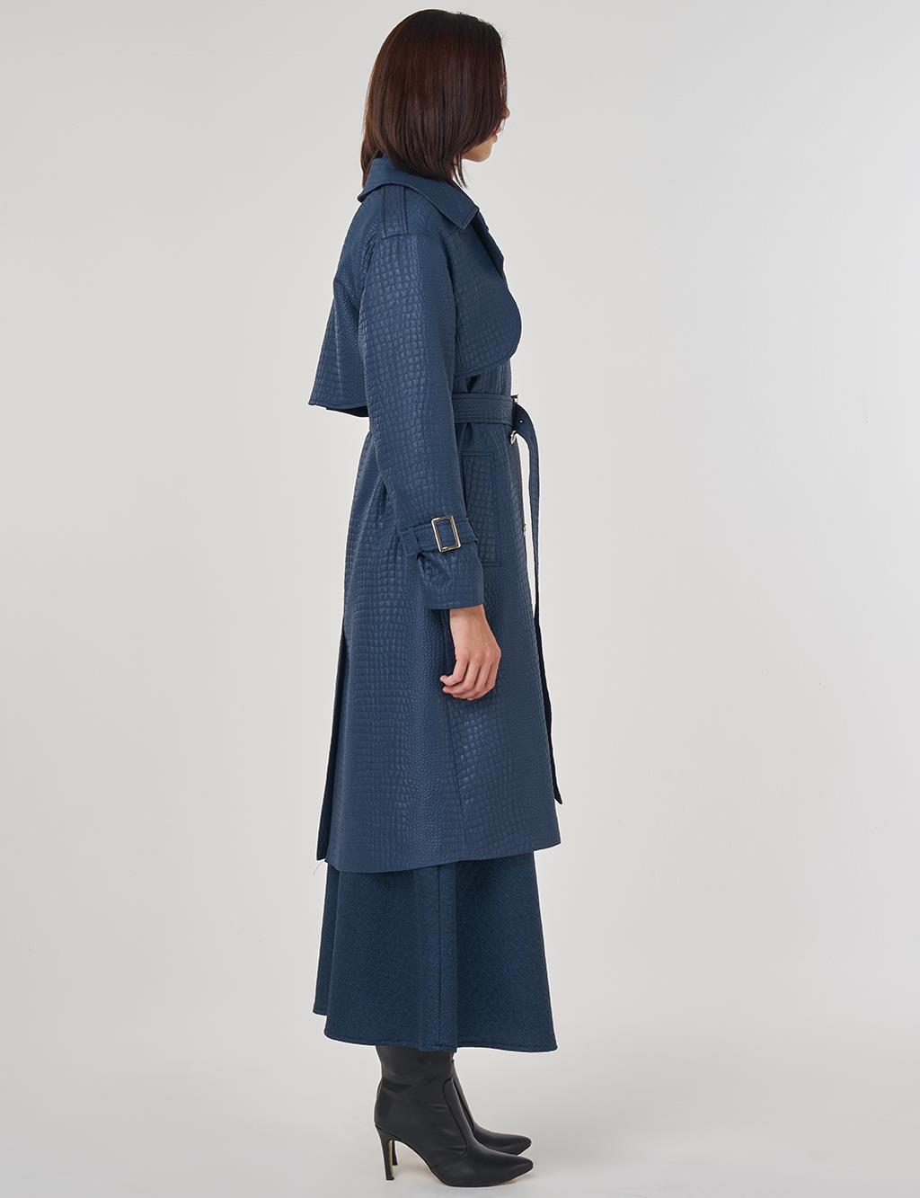 Buckle Detailed Embossed Trench Coat Navy