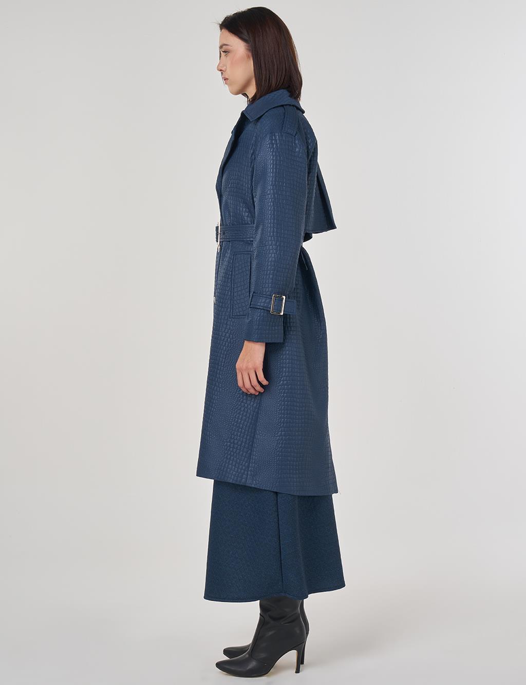 Buckle Detailed Embossed Trench Coat Navy