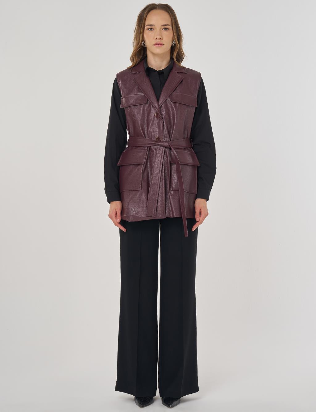 Kapak Cepli Suni Deri Yelek Koyu Bordo 