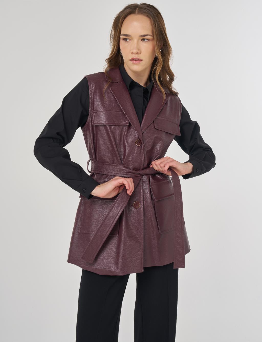 Kapak Cepli Suni Deri Yelek Koyu Bordo 