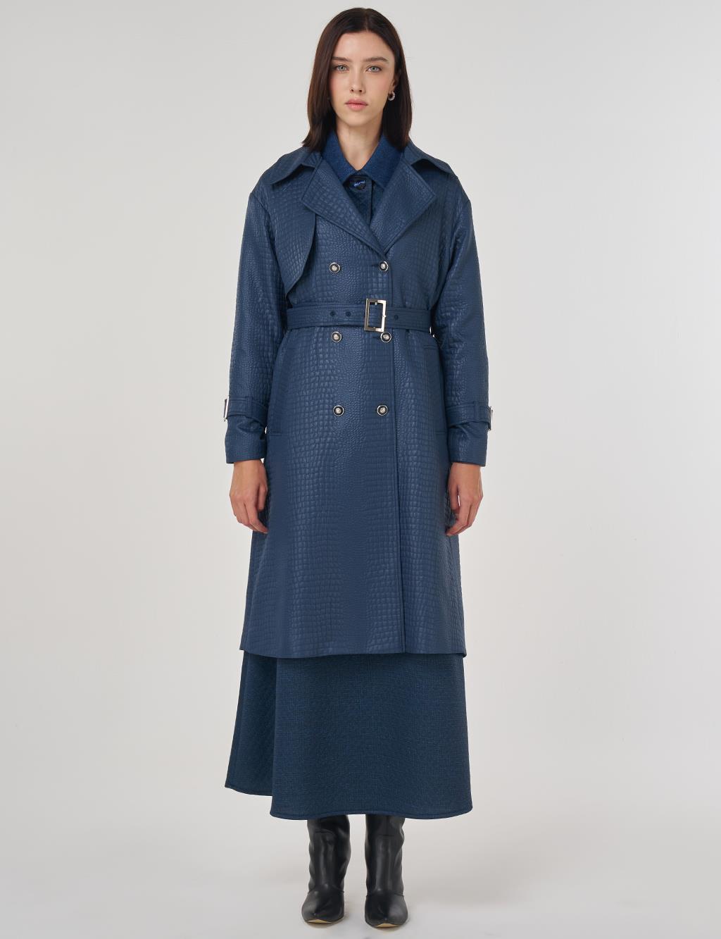 Buckle Detailed Embossed Trench Coat Navy