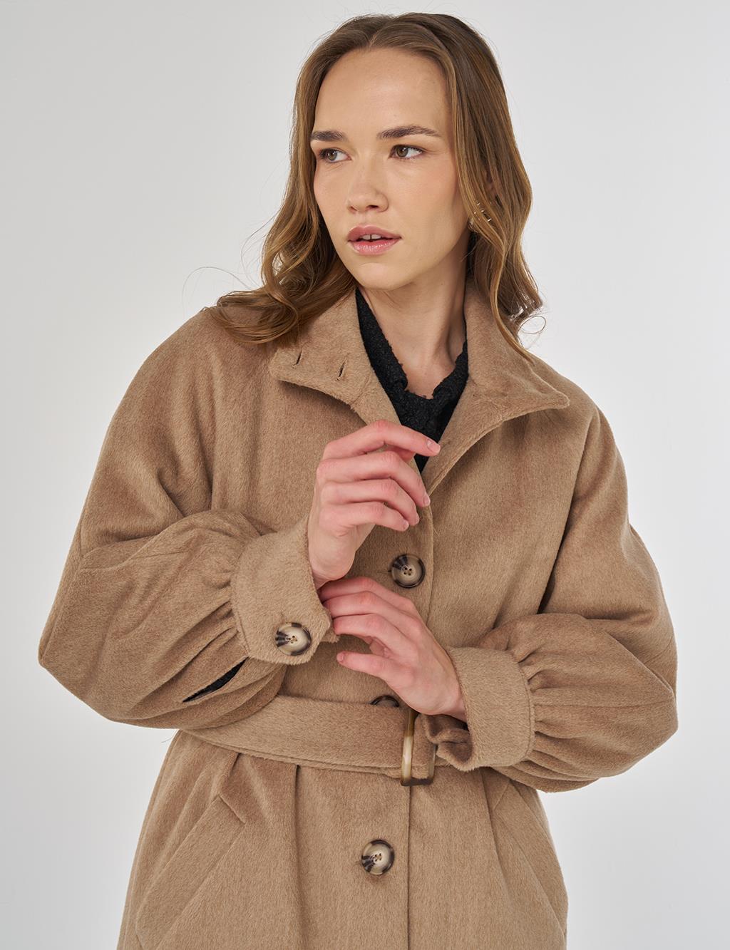 Dik Yaka Kaşe Kaban Bej 