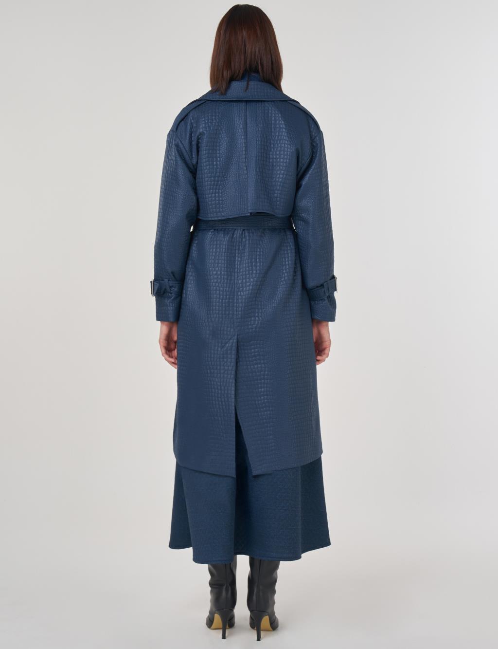 Buckle Detailed Embossed Trench Coat Navy