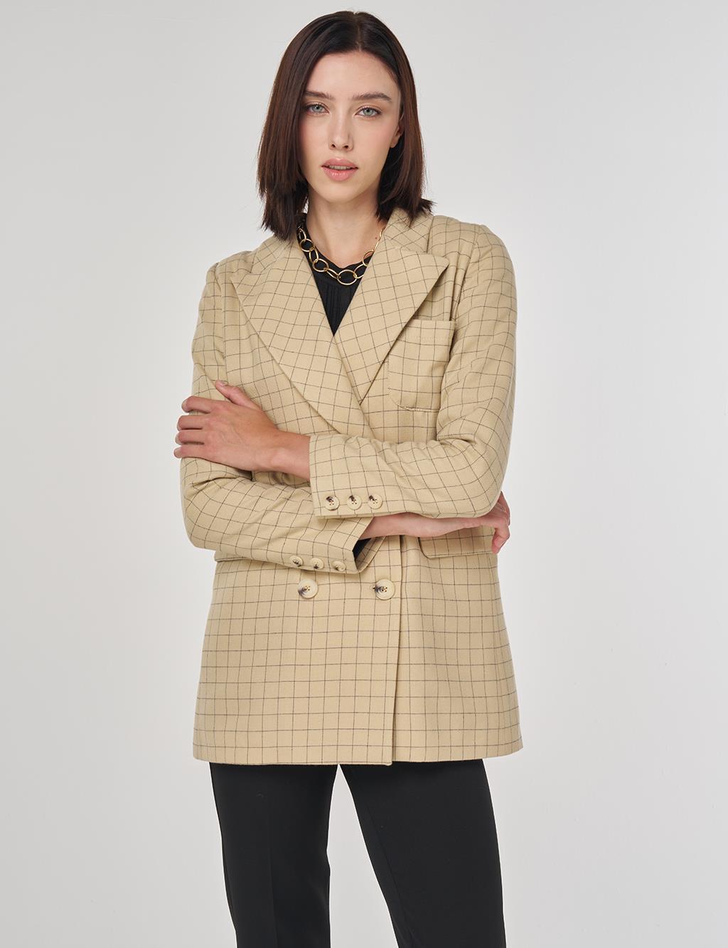 Checked Pattern Blazer Jacket Beige