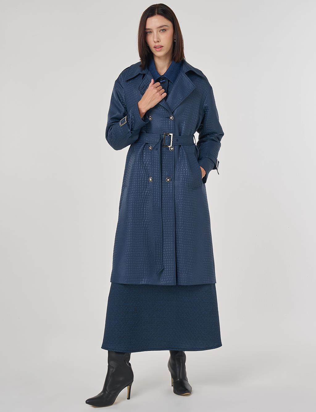 Buckle Detailed Embossed Trench Coat Navy