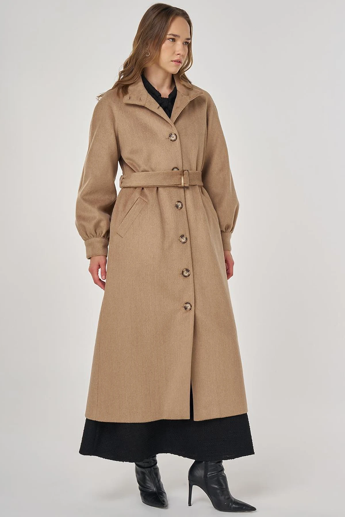 Stand Collar Wool Coat Beige