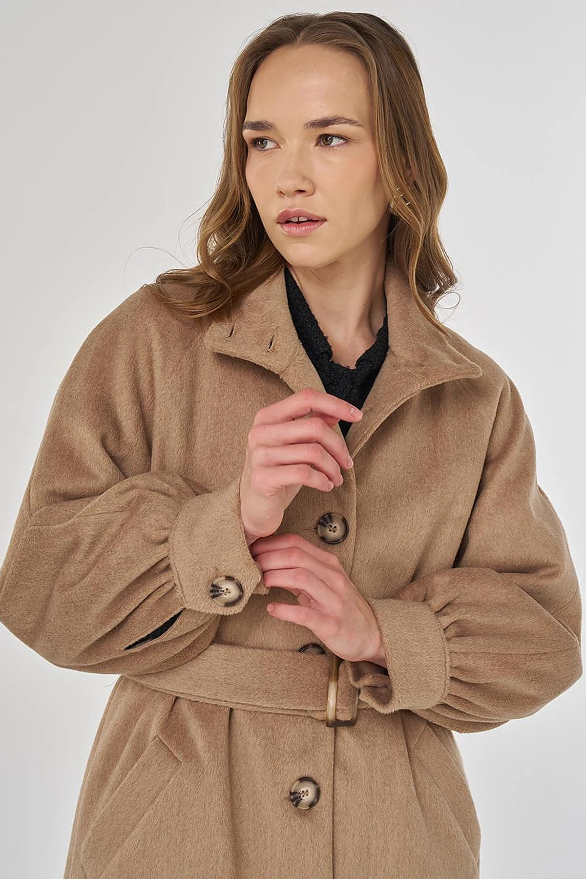 Stand Collar Wool Coat Beige