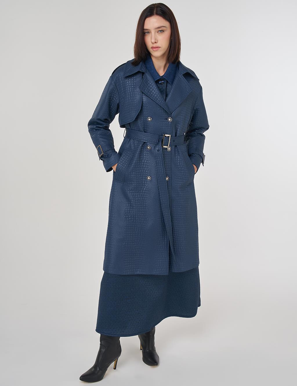 Buckle Detailed Embossed Trench Coat Navy