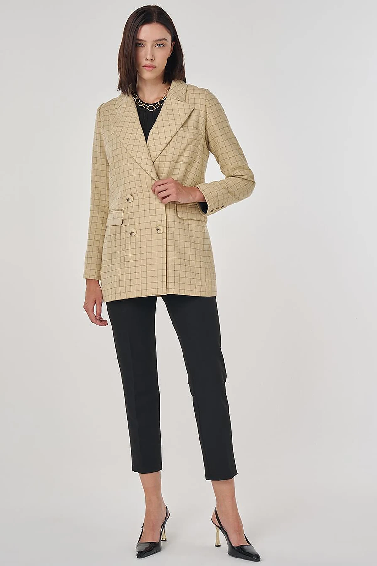 Ekose Desen Blazer Ceket Bej