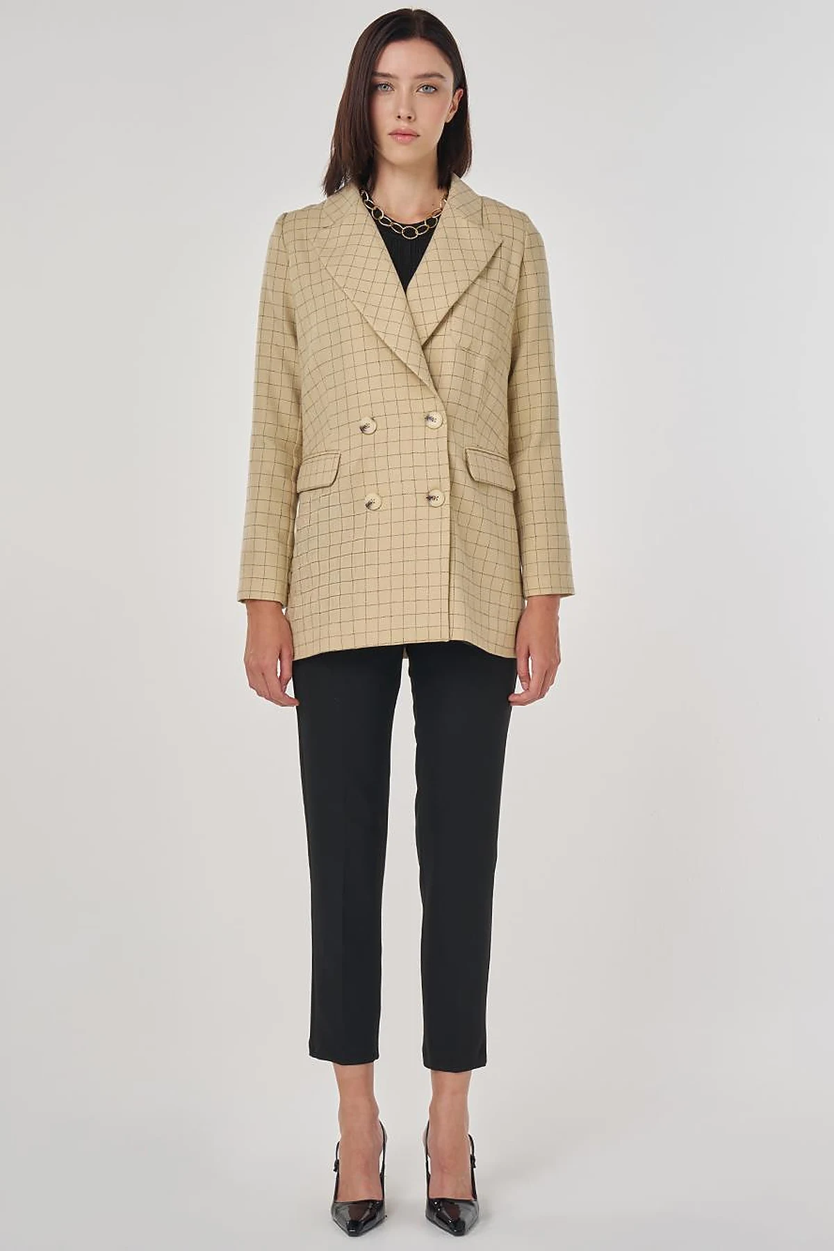 Ekose Desen Blazer Ceket Bej