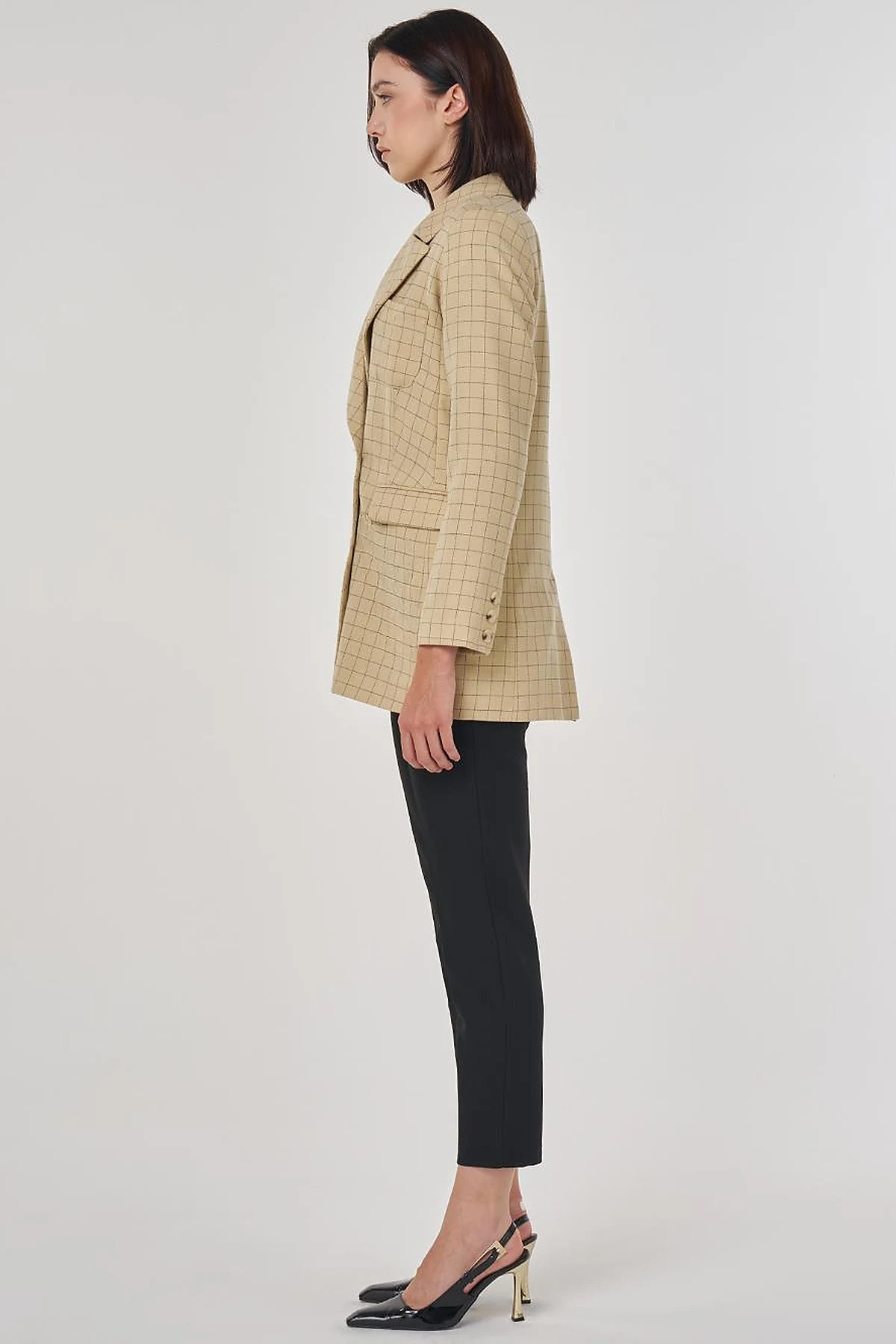 Ekose Desen Blazer Ceket Bej