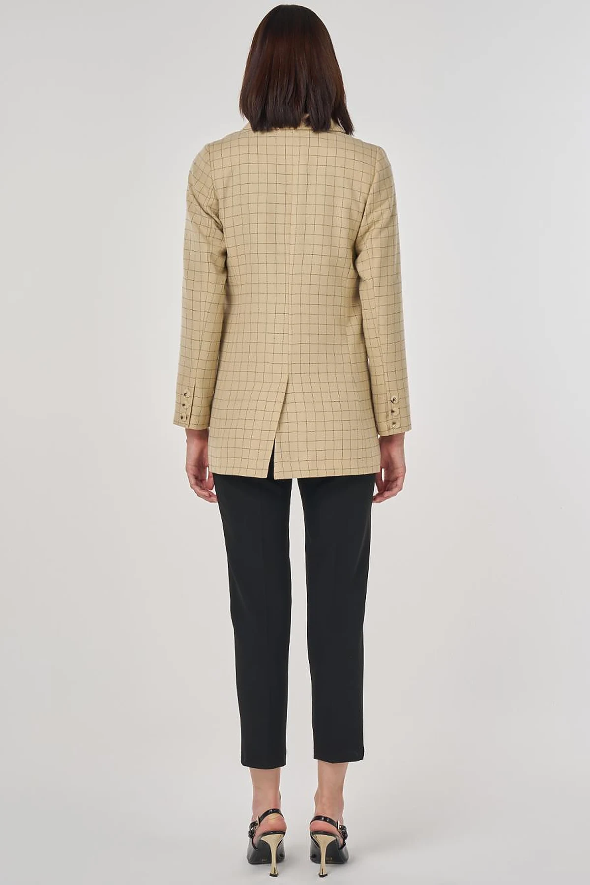 Ekose Desen Blazer Ceket Bej